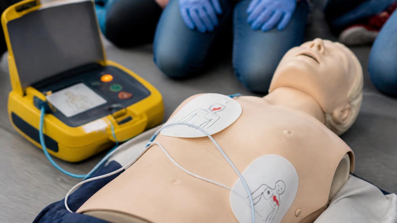 Defibrillator mit aufgeklebten Elektroden an einer Übungspuppe.