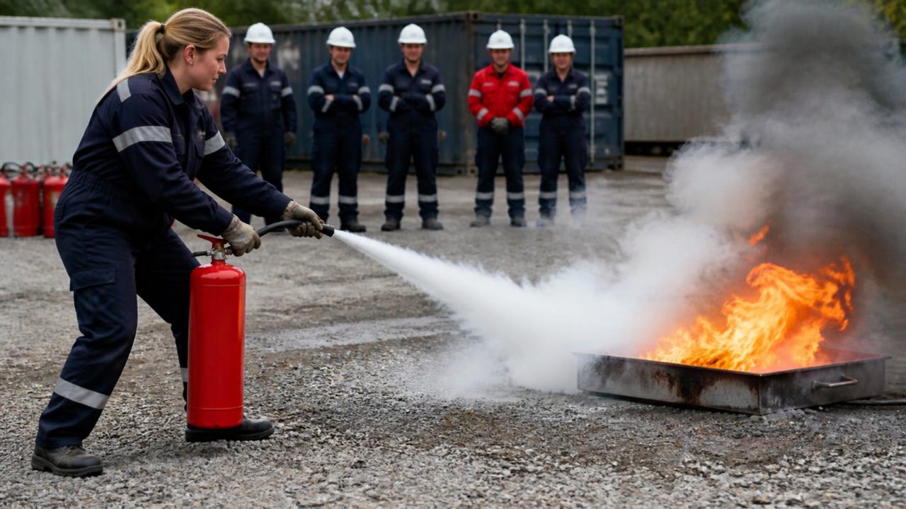 Löschübung: Eine Teilnehmerin löscht mit einem Feuerlöscher ein Übungsfeuer.