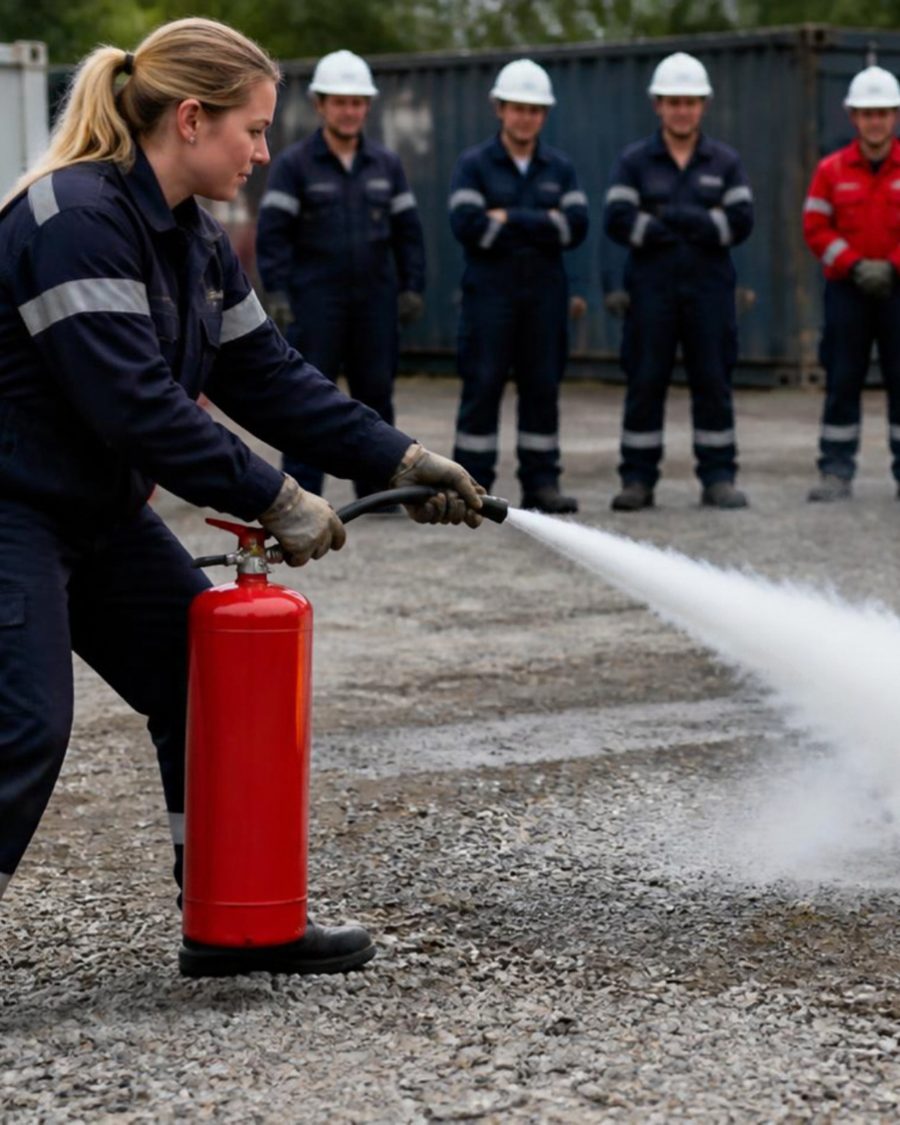 Löschübung: Eine Teilnehmerin löscht mit einem Feuerlöscher ein Übungsfeuer.