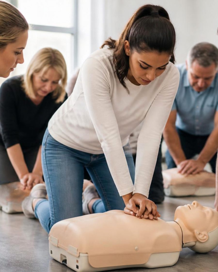 Teilnehmende üben die Herzdruckmassage an Übungspuppen, eine Ausbilderin schaut zu.